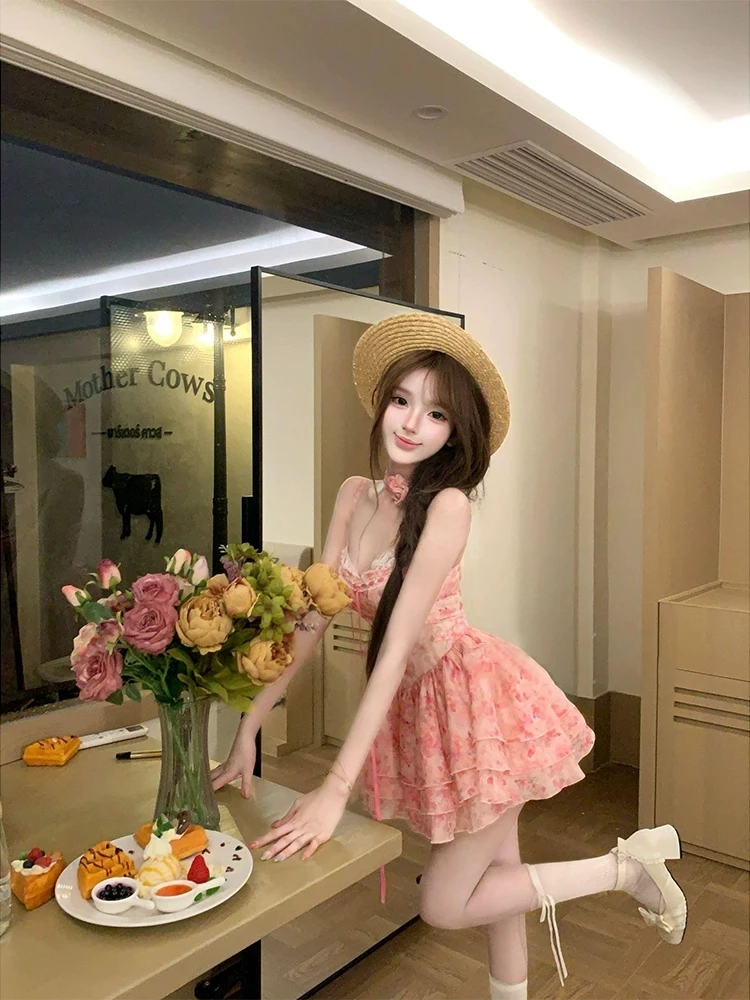 

XZY Sweet Floral Print Halter Dress Women's plus Size Summer Waist Cinching Fluffy Short Skirt High Waist Polyester Fiber