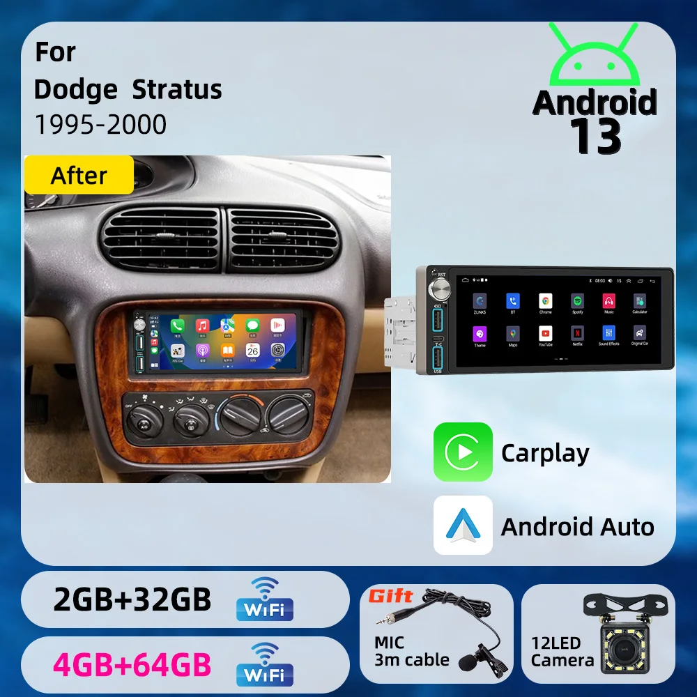 Sistema Multimedia para Automóvil Dodge Stratus 1995-2000, Pantalla de 6.86 Pulgadas, Carplay, Android Auto, Unidad Principal 1 DIN, Radio Android para Auto, Autoradio, Pantalla Estéreo