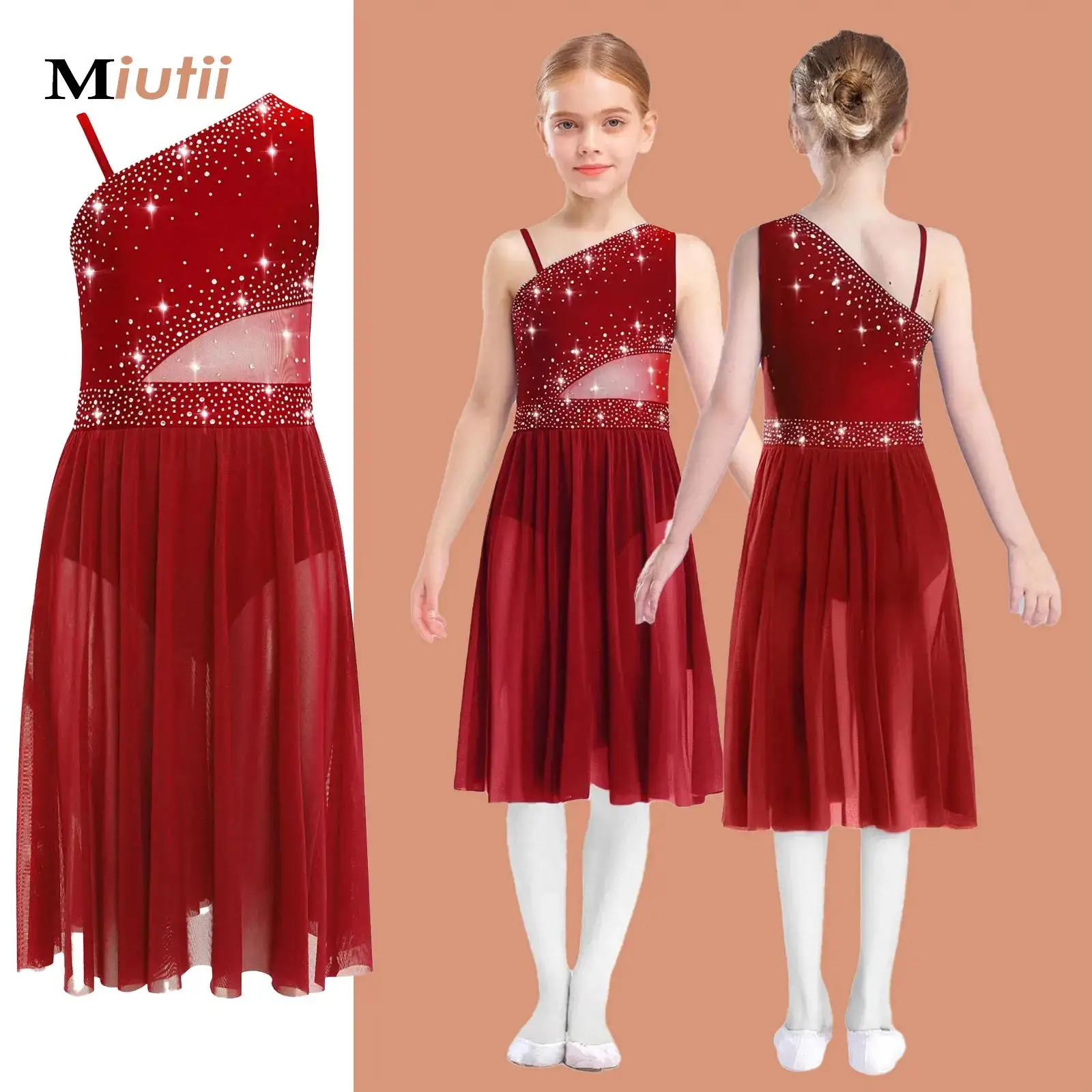 

Kids Girls Modern Lyrical Dance Dress Gymnastics Jersey Ballet Performance Costume Rhinestone Sheer Mesh Leotard Tutu Dancewear