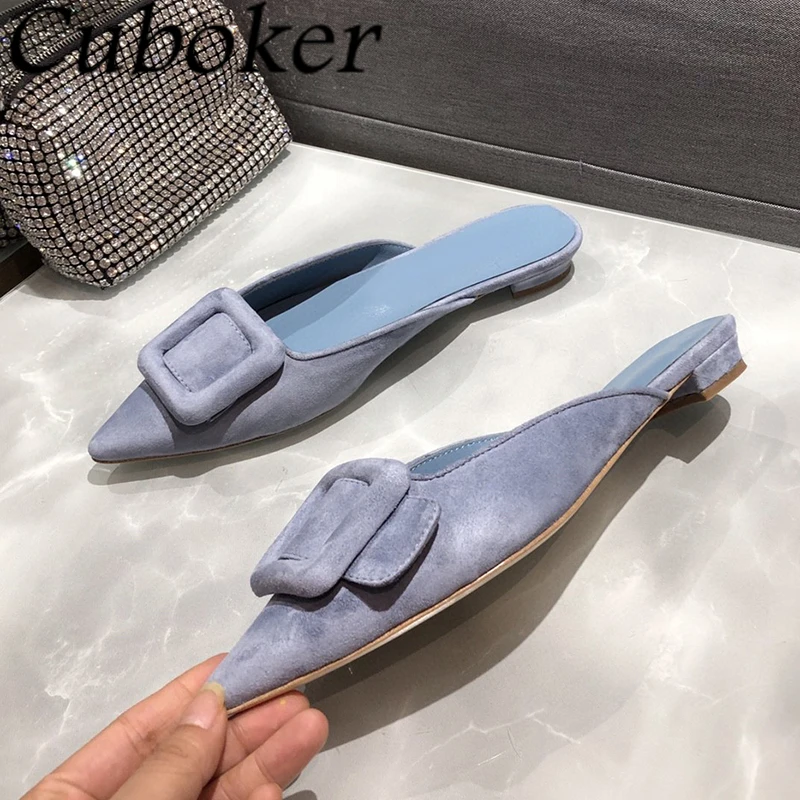 2024 Summer Pointed Wrap Toe Suede Leather Flat Slippers For Women Elegant Square Buckle Mules Fashion Dress Slides Shoes Ladies