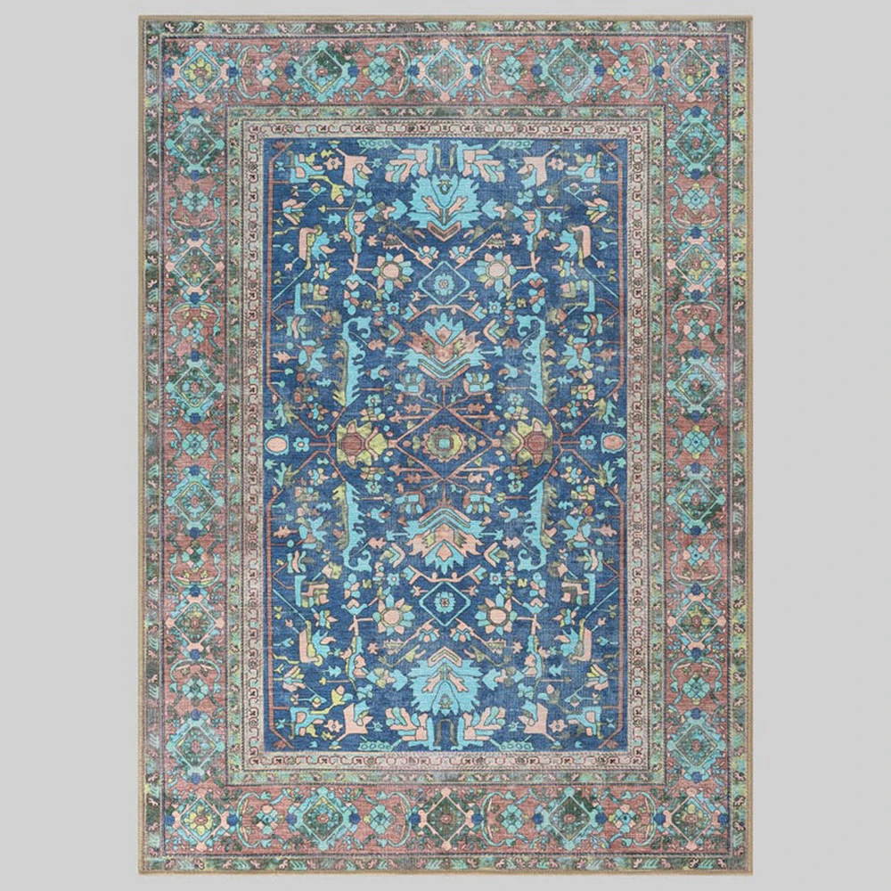 

Vintage Turkish Mat Navy Blue Oushak Floral Pattern Water Absorbent Washable Design Indoor Entryway Home Decor Practical Gift