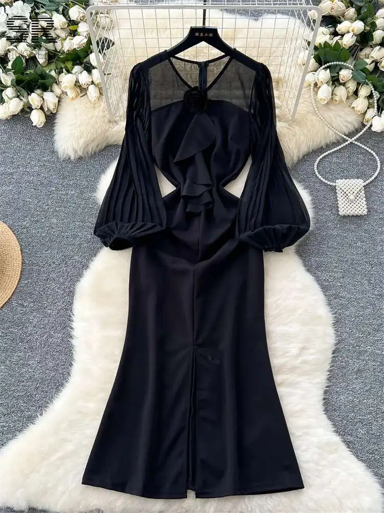 BabYoung 3D Rose ฤดูใบไม้ร่วงโคมไฟแขน V คอซิปออกแบบแยกผู้หญิงแฟชั่นอาวุโส SHEER ชุดยาว