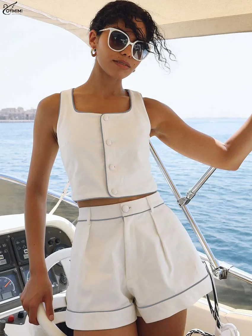 

Oymimi Elegant White Patchwork Woman 2 Piece Set Outfit Fashion Square Collar Sleeveless Button Tank Tops And Pockets Shorts Set