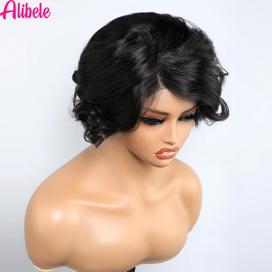 Alibele-Perruque Full Lace Front Wig Remy Naturelle, Cheveux Courts, 13 Tages, 6 Pouces, Balayage P4/27, Densité 180%