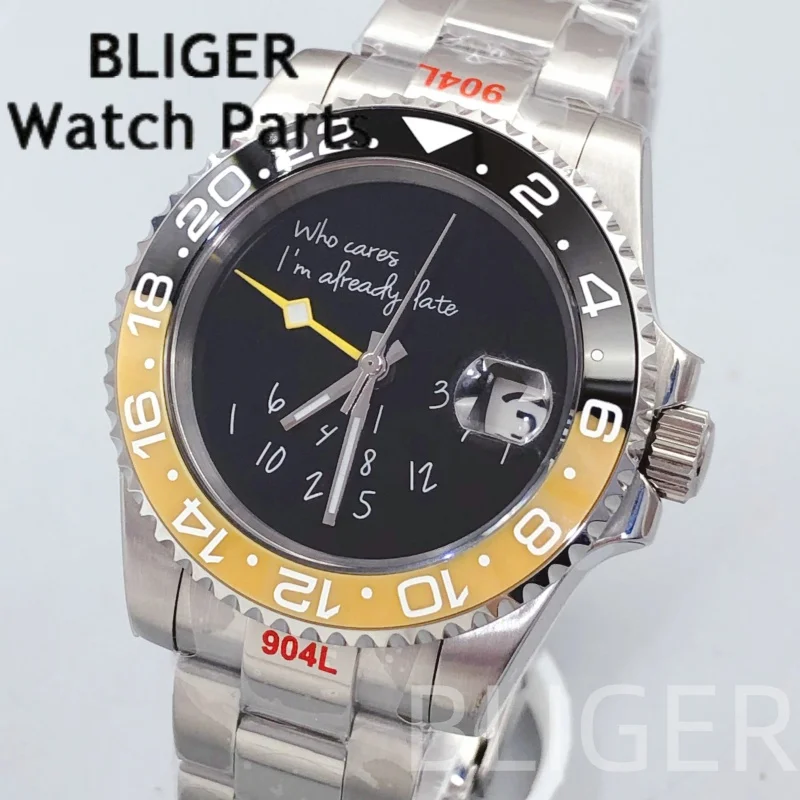 BLIGER 40 مللي متر أصفر GMT ساعة للرجال NH34A ساعة اليد الميكانيكية أسود أصفر السيراميك الحافة الياقوت الزجاج Lume 100 متر مقاوم للماء