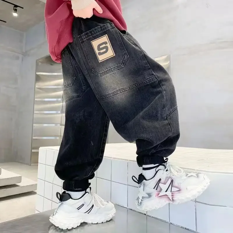 2024  New Jeans For Boys Child  Fashion Korean Style Teenager Trousers Autumn And Winter Thick Warm Kids Jeans Child Long Pants