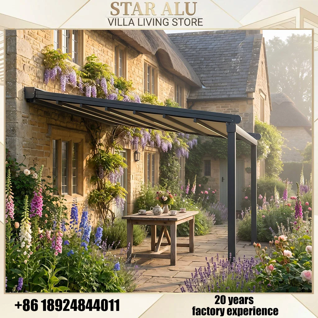 Electric Retractable Awning Waterproof Sunshade Canopy with Aluminum Frame for Garden Patio Terrace