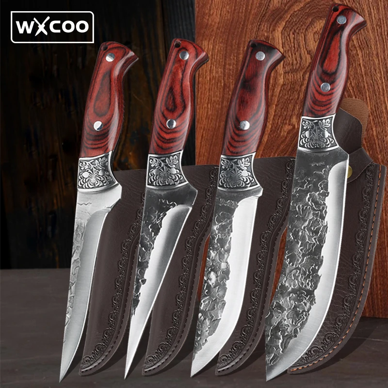 Forged Boning Knife Meat Cutting Butcher Cleaver Carving Knife with Sheath Stainless Steel Slicing Chef Utility Kitchen Knife