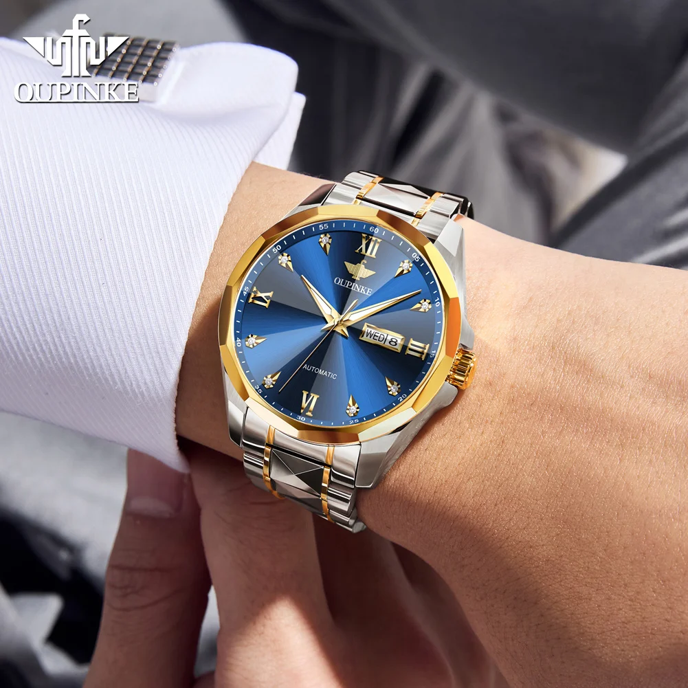 OUPINKE High Quality Mens Watches Prism Shaped Sapphire Mirror Automatic Mechanical Watch 50m Waterproof Tungsten Steel Watch