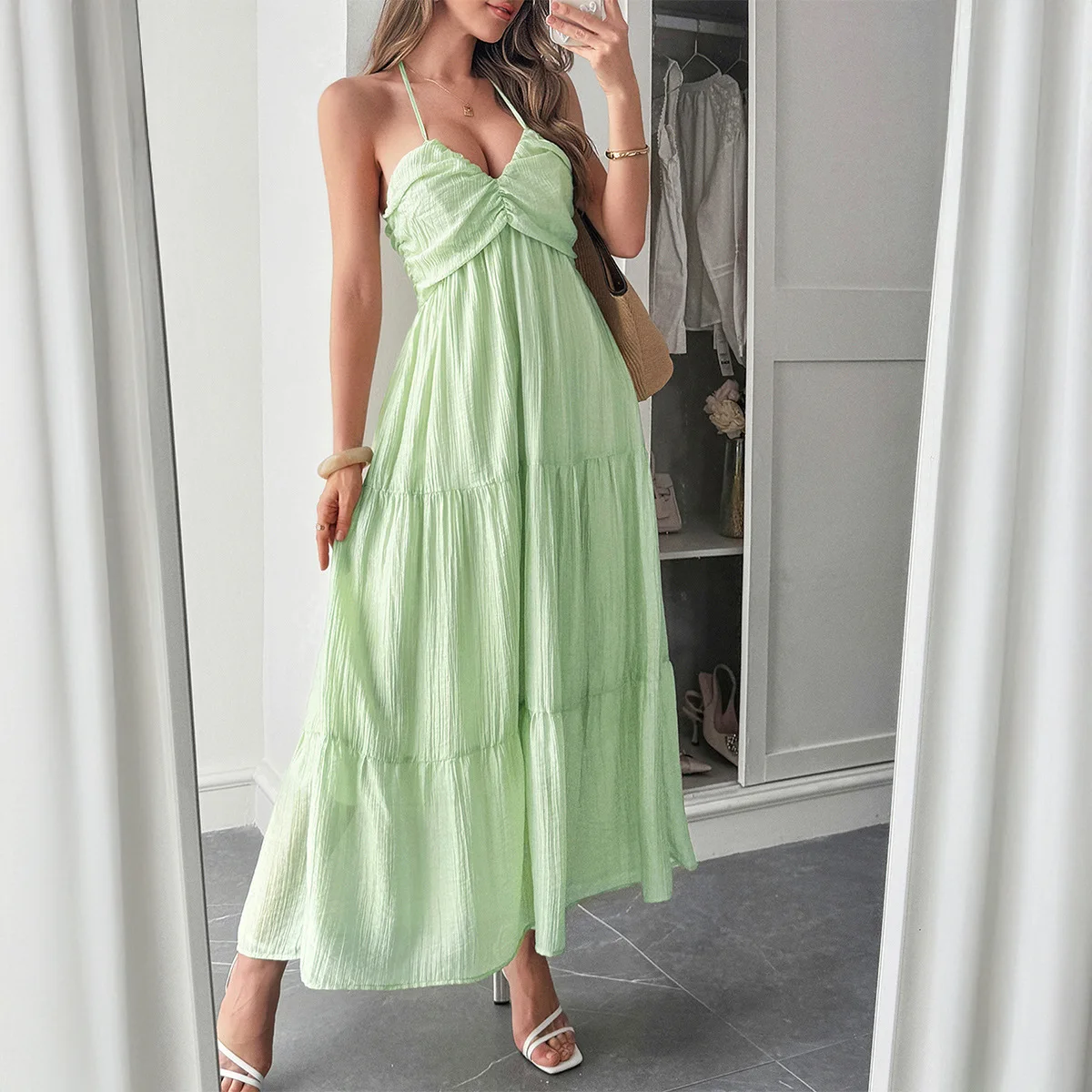 فستان طويل فساتين نسائية رسن شاطئ A Line Vestidos رقبة على شكل V بدون أكمام أنيق لصق Y2k ملابس الشارع الشهير صيف سادة 2025