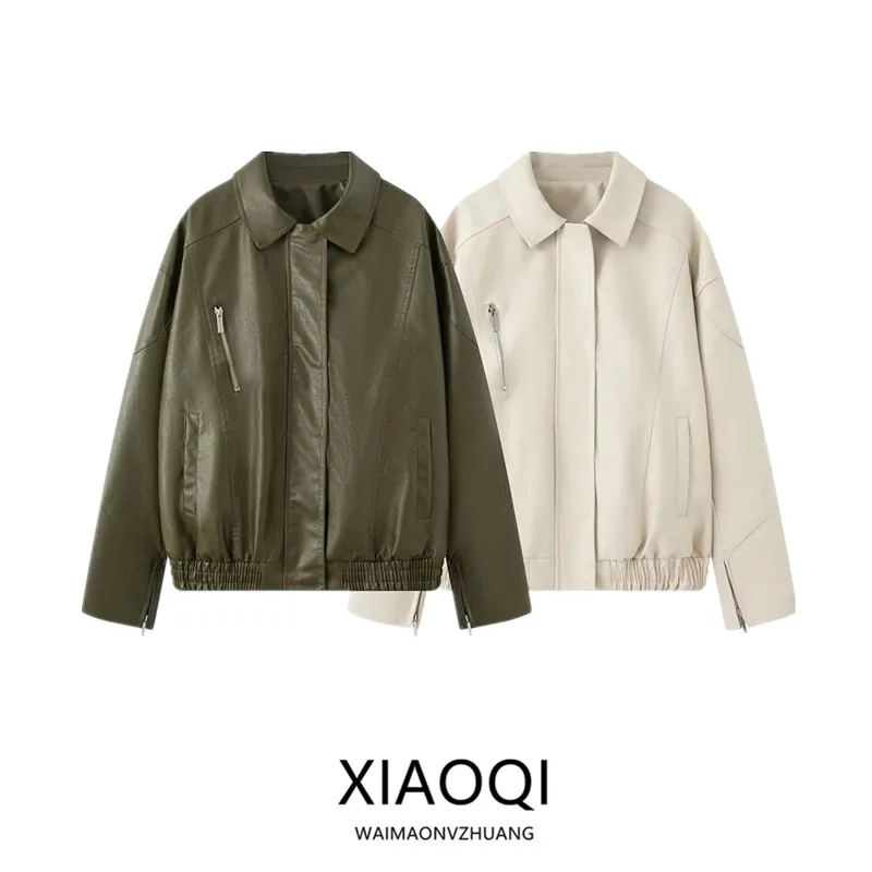 Retro Sle losse casual leren Jaet dames faionable veelzijdige herfst nieuwe collectie lange Sve jas met ritssluiting