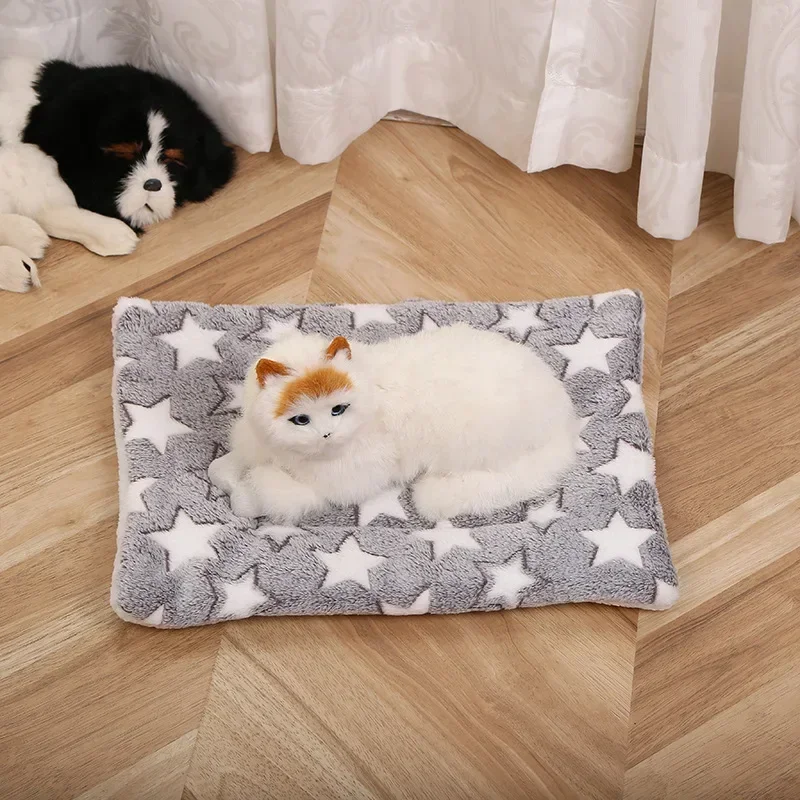 Cute Ultra Soft Plush Cat Bed Mat with Prints Reversible Fleece Dog Crate Kennel Pad Cozy Washable Thickened  for Kitten Puppy