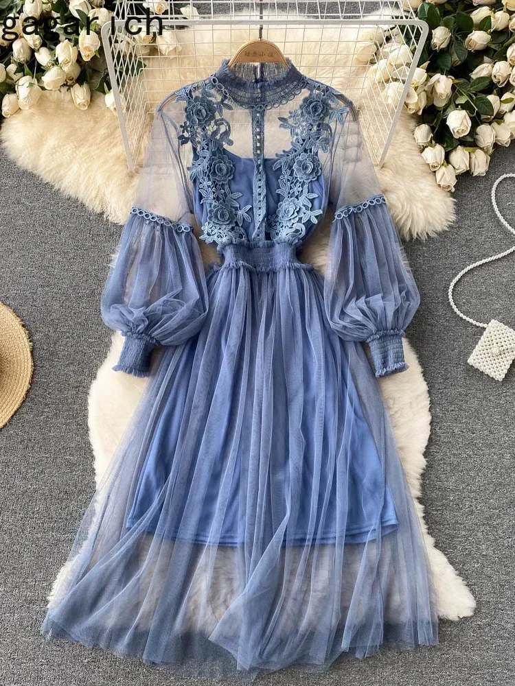 Gagarich 2025 Dress Three Dimensional Flower Hook Mesh Temperament Stand Collar Lantern Sleeve High Waist Slim Dresses