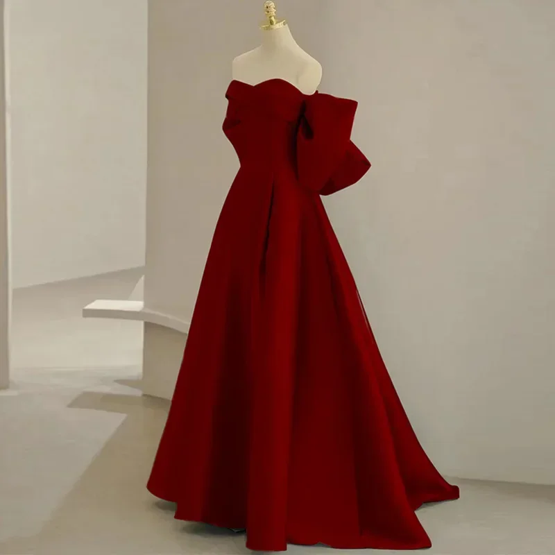 

Sexy Strapless Burgundy Wedding Dress Qipao Elegant Back Bow A-Line Maxi Dress Formal Party Dress Sweet Princess Banquet