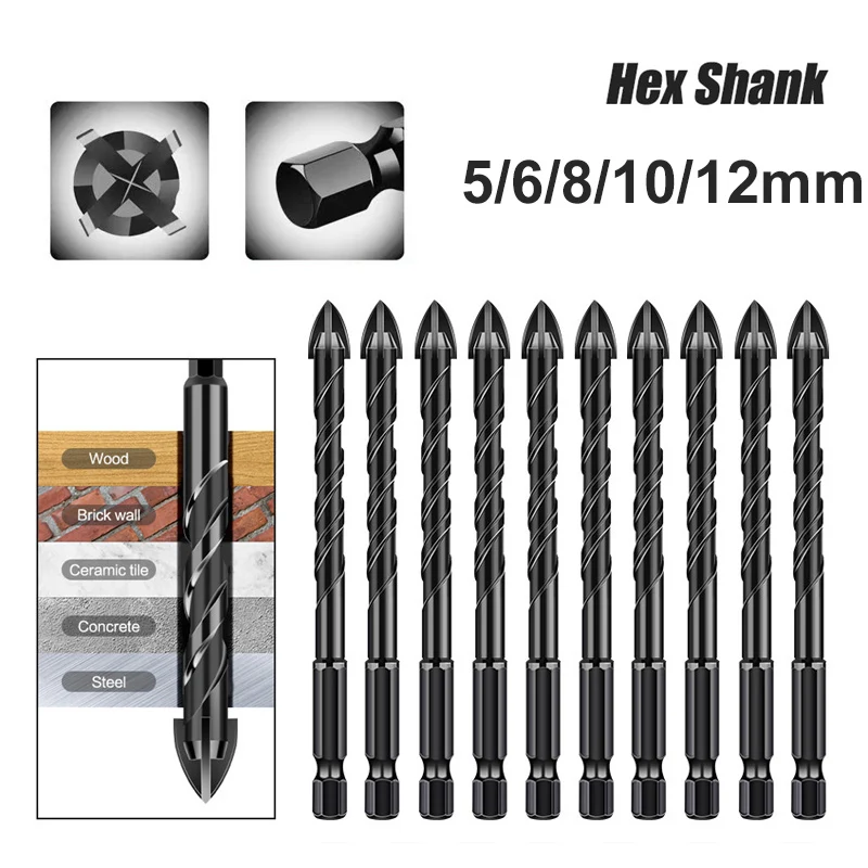 10pcs Cross Hex Tile Drill Bit Set 5/6/8/10/12mm Glass Concrete Ceramic Tile Hard Alloy Drill Bits Professional Hole Opener Tool