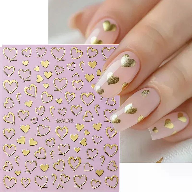 3Pcs Bronzing Love Heart Nail Stickers Red Gold Silver Line Love Nail Decals DIY Adhesive Slider Valentine's Manicure Decoration