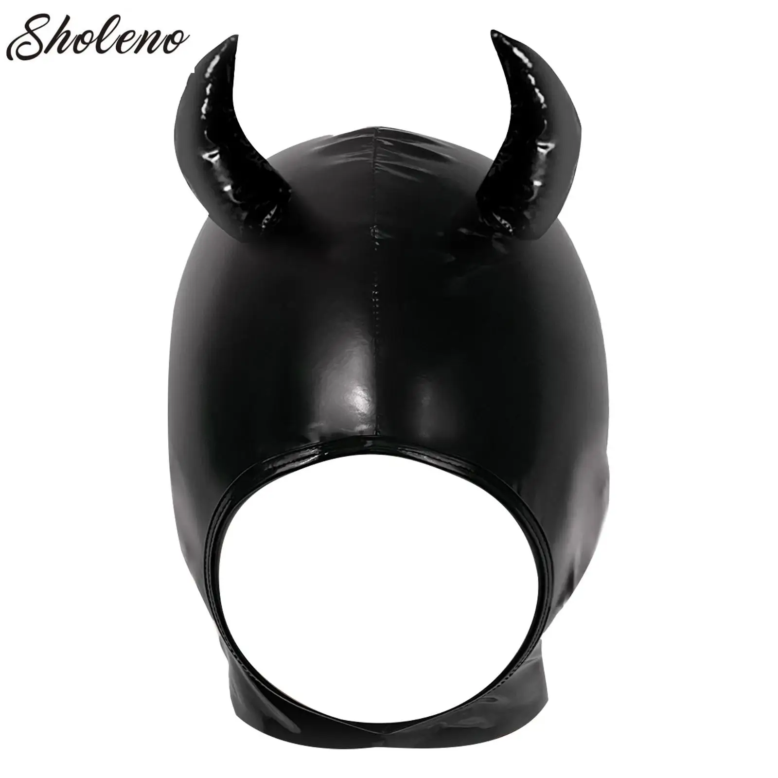 

Cosplay Wetlook Hood Head Latex Mask Demon Devil Headgear PU Leather Head 3 Holes Cover Face Mask For Game Halloween Carnival