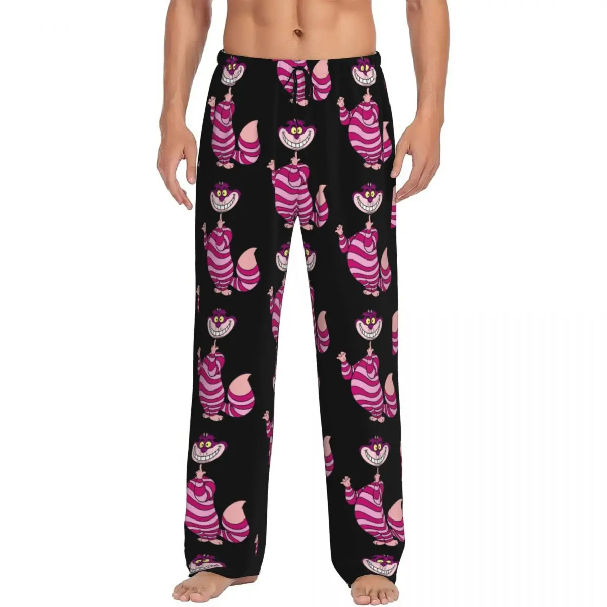 Custom Cheshire Cat Pajama Pants Men Alice In Wonderland Cartoon Lounge Sleep Drawstring Sleepwear Bottoms with Pockets