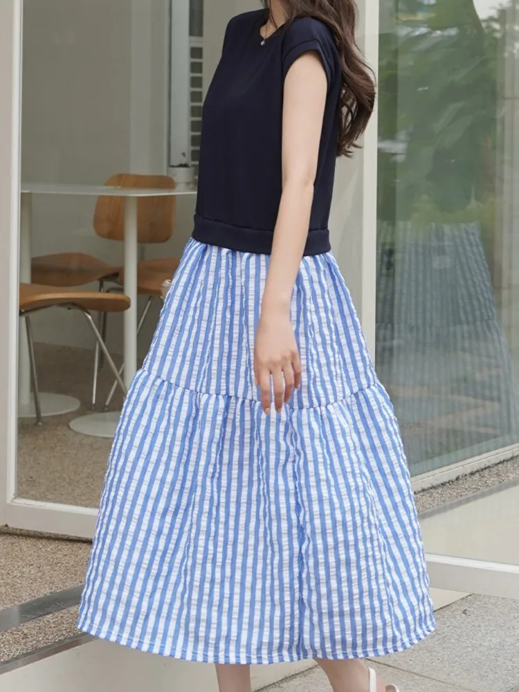 夏偽ツーピースセット Tシャツドレス女性パッチワークストライプ女性ドレス韓国ノースリーブレディーストップス Vestidos