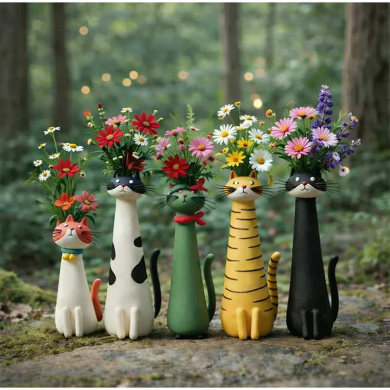 1pcs Cute Long Neck Cat-shaped Resin Vase Ornaments Handmade Creative Weird Cat Shape Vase  Desktop Decoration Cat Lovers Gifts