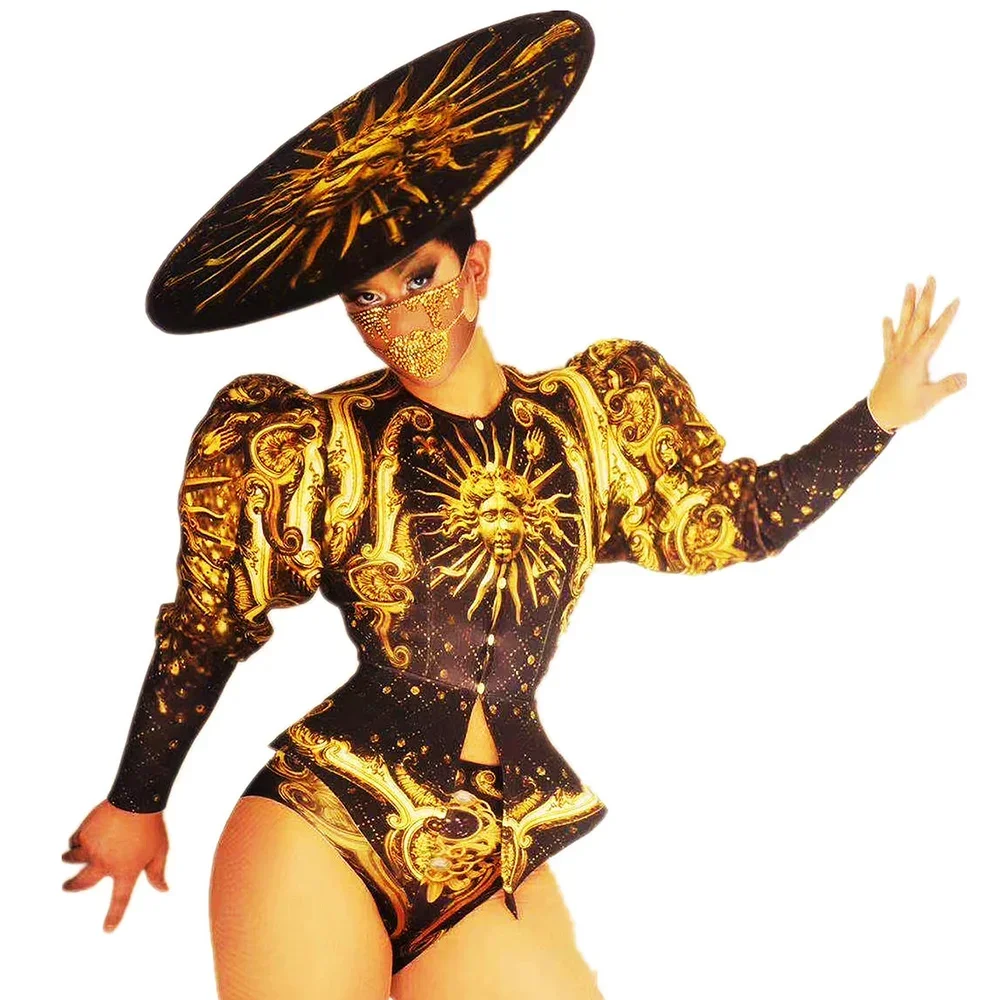 

Las Vegas Showgirl Women Costume Bodysuits Puff Sleeves Shining Gold Printing Show Model Clothing Modern Dance Drag Queen Outfit