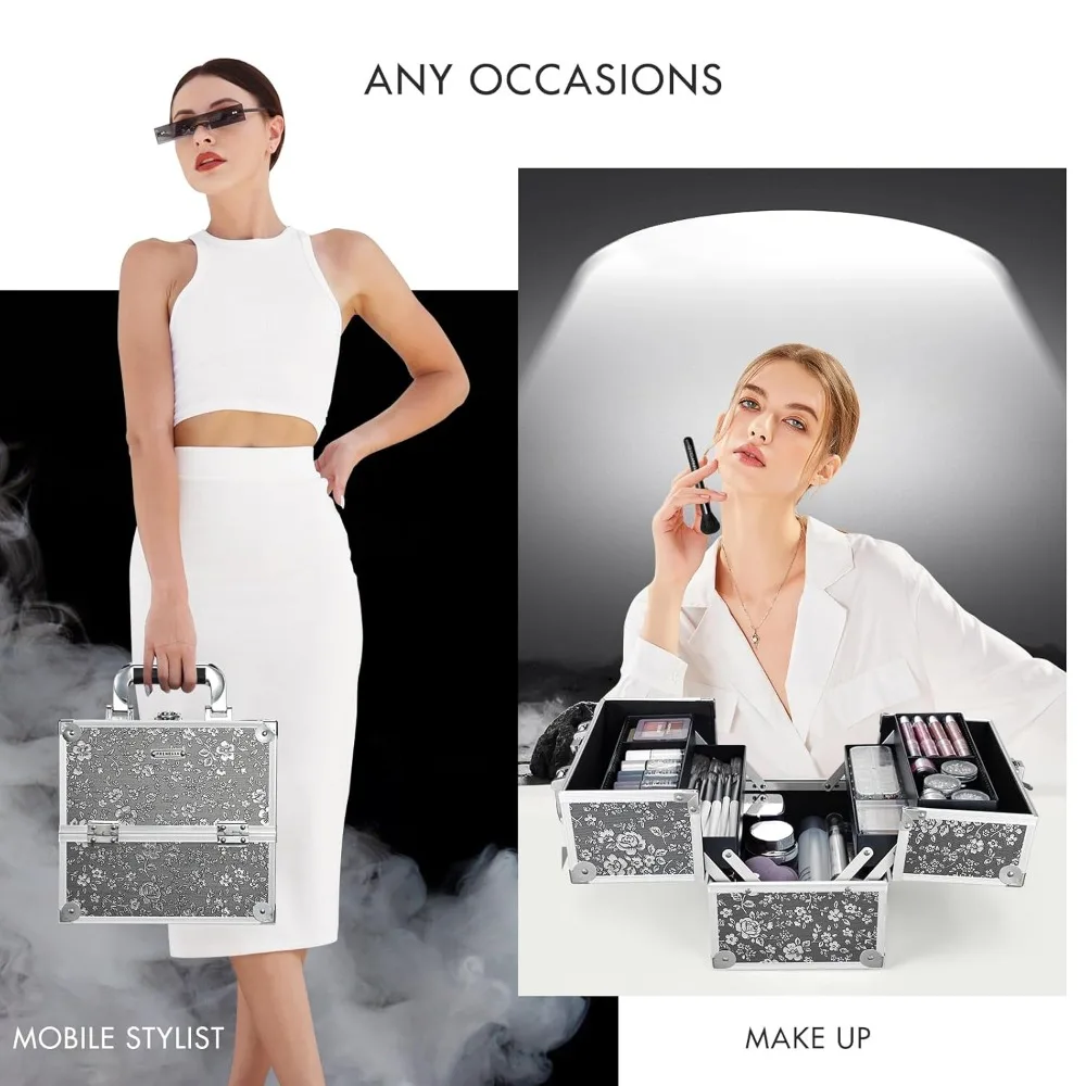 Portable Lockable Makeup Case with 4 Trays, Dividers & Spacious Storage - Silver Floral Design for Travel & Daily Use