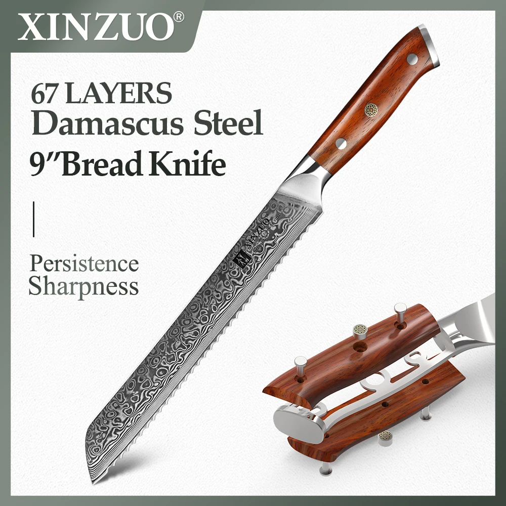 

XINZUO 9'' Inch Bread Knife 67 Layers Damascus Top Quality Serrated Knives Kitchen Knife Cooking Tools with Rosewood Handle