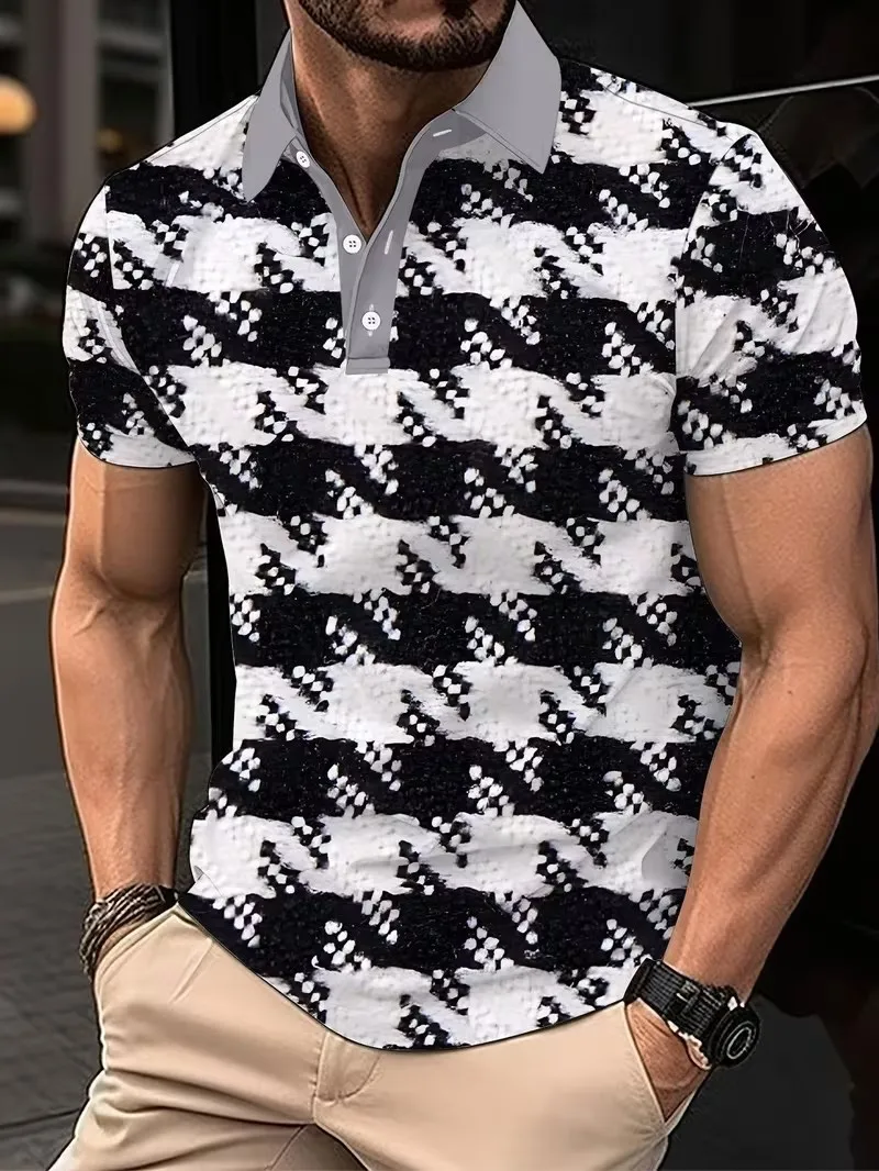 2026 summer new men's short sleeved POIO shirt, with a lapel and button 3D printed geometric shape versatile casual top