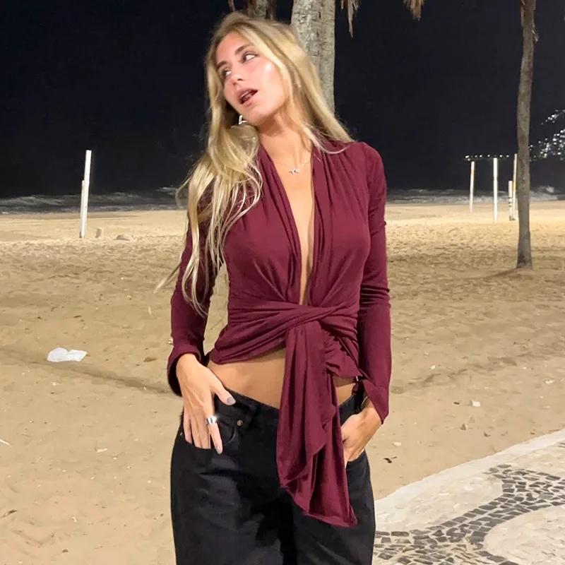 

Tornova Deep V neck Lace Up T shirt Top Female Sexy Slim Long Sleeve T shirt Autumn Winter New Casual Club Party Clothing Solid