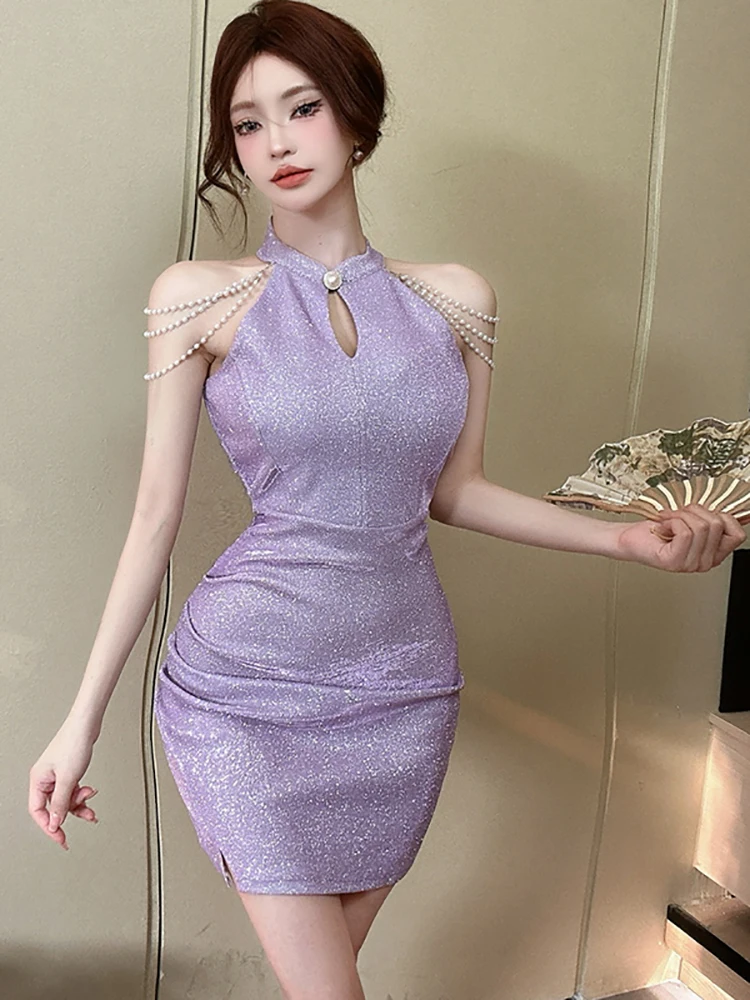 Women Purple Luxury Beading Neck-mounted Sexy Dress Spring Summer Elegant Dance Party Dress 2025 Korean Vintage Bodycon Vestidos