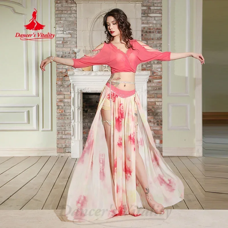 

Тренировочный костюм для танца живота, сексуальный топ с v-образным вырезом + длинная юбка с принтом, 2 предмета, одежда для тренировок по восточному танцам для взрослых, танцевальные костюмы для девочек