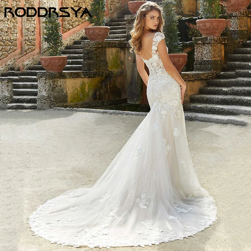 Roddrsya laço colher pescoço sereia vestidos de casamento mangas boné marfim praia vestido de noiva sexy botões sem costas apliques trem varredura Lace Scoop Neck Sereia Vestidos de Casamento Cap Mangas Marfim Praia Ve