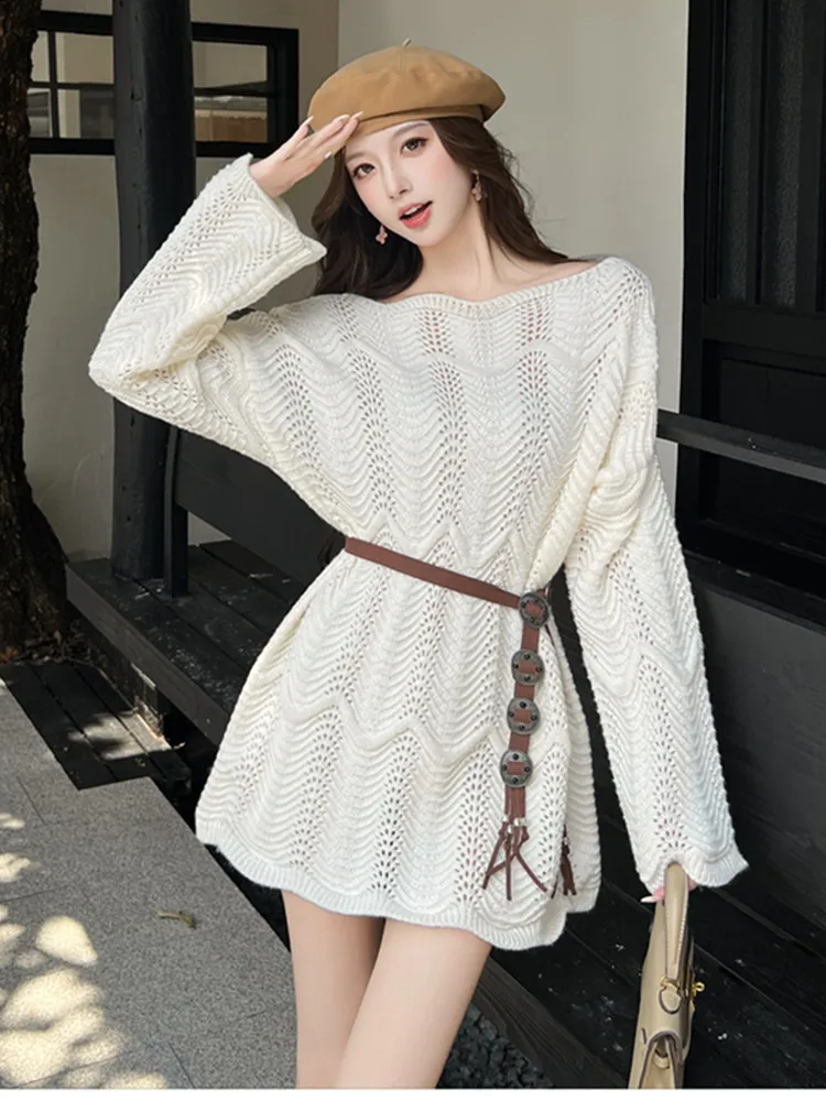 

Осень 2023, новый французский нежный стиль, ажурный вязаный свитер, женская верхняя одежда ленивого дизайна, свободные трикотажные топы с длинными рукавами