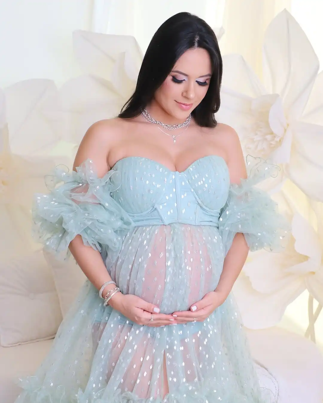 Abiti premaman in rete glitterata Abiti premaman in tulle con scollo a cuore senza spalline Abito fotografico per gravidanza con spacco frontale trasparente