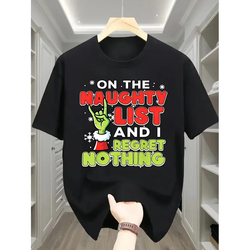 Men's T-shirt, Fun 'Naughty List Regret Nothing Printed T-shirt, Suitable for Christmas Parties and Everyday Casual Wear