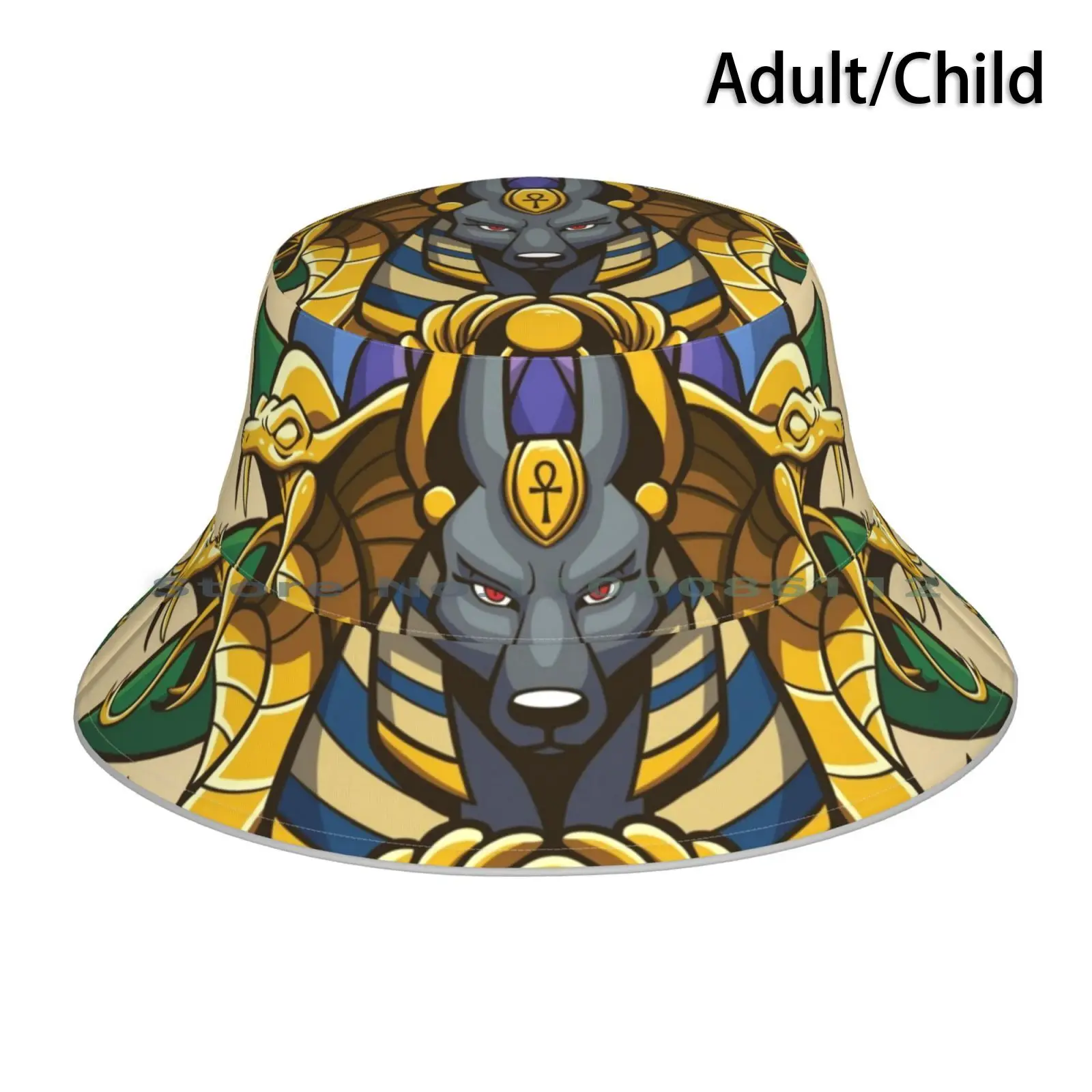 Anubis Bucket Hat Sun Cap Anubis God Folklore Scarab Egyptian Ancient Fantasy Gold Flower Plant Purple Foldable Outdoor