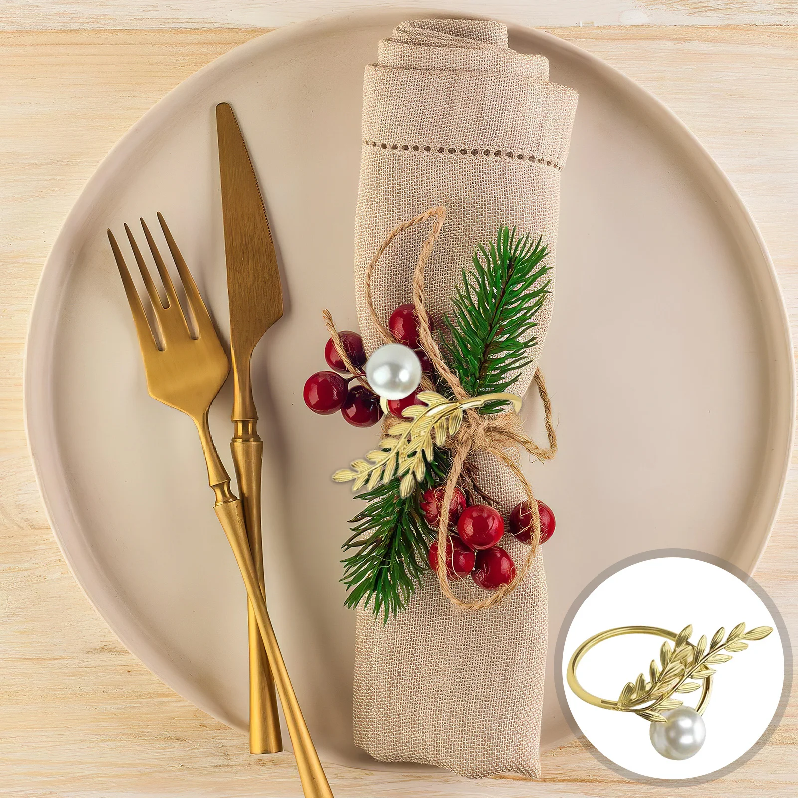 

12Pcs Gold Napkin Rings with Pearl Accents Wheat Ear Shape Secure Serviette Buckle for Banquet Bridal Shower Restaurant Table