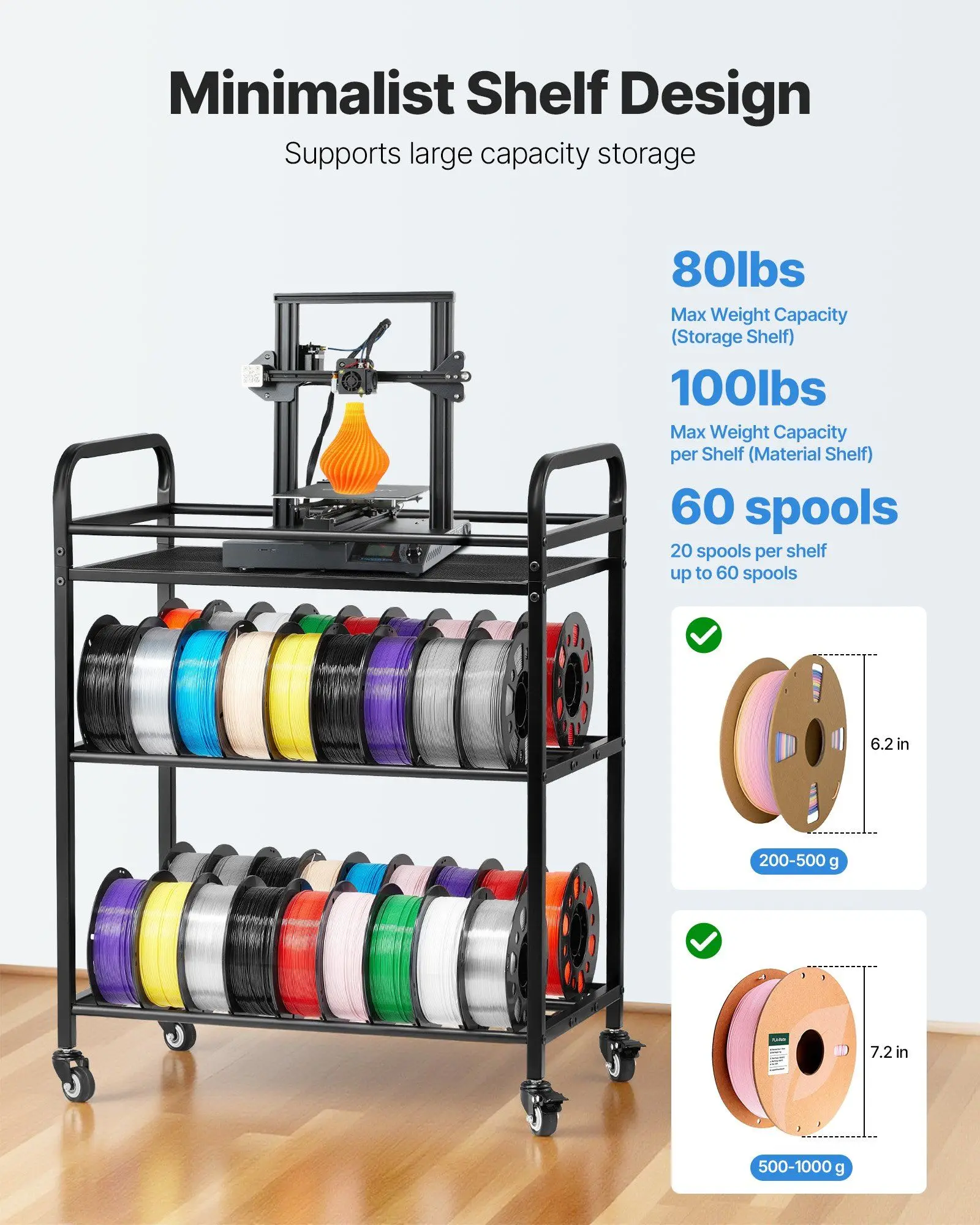 

Heavy Duty 3D Printer Filament Storage Rack with Swivel Wheels and Adjustable Feet - 3 Tier Spool Holder Organizer for Large Cap