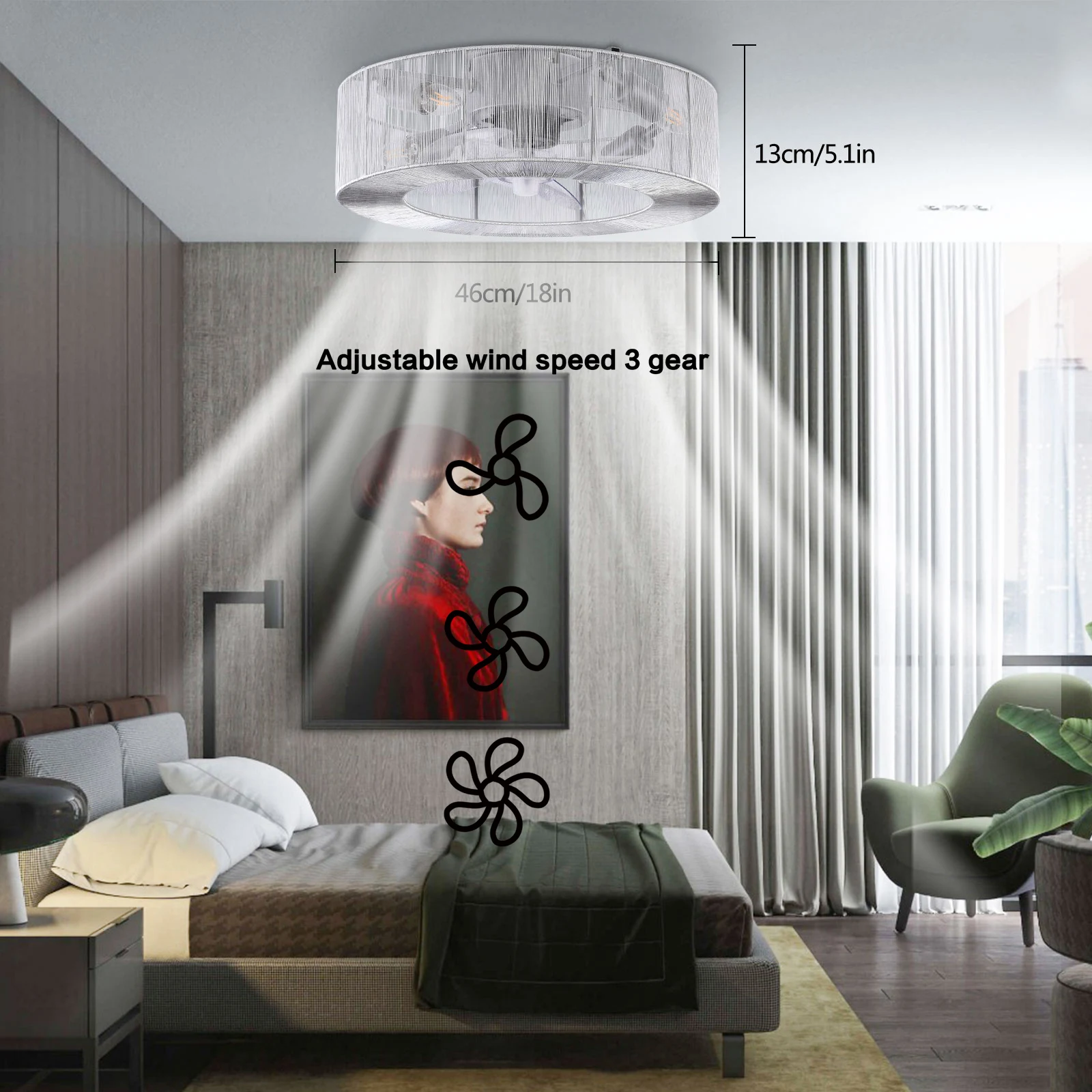 

18" Caged Style Ceiling Fan Light Bladeless LED Chandelier Flush Mount Pendant Lamp Remote Control 3 Invisible Blades