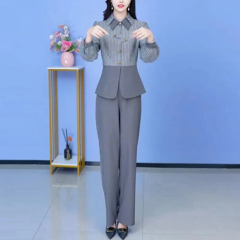 Fashion And Leisure Suit 2025 Spring New Age-Reducing Slimming Striped Shirt Wide-leg Pants Two-piece Set Women