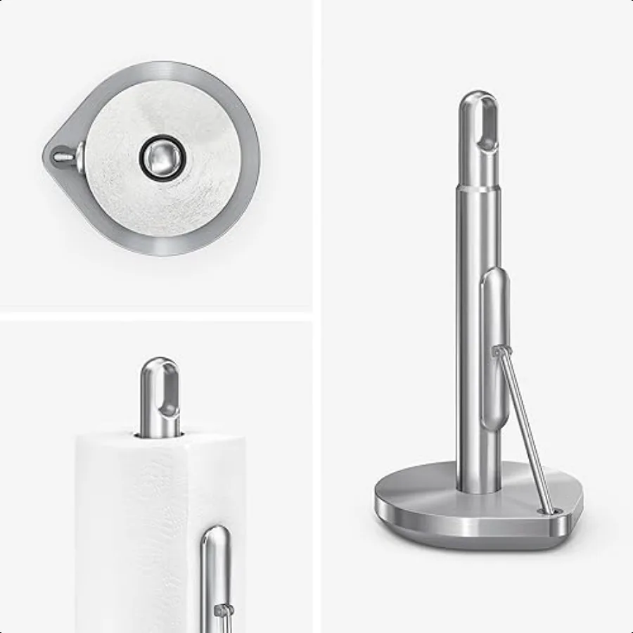 Soporte para papel de cocina de pie con brazo de tensión, resistente, fácil, con una sola mano, encimera de cocina, acero inoxidable cepillado