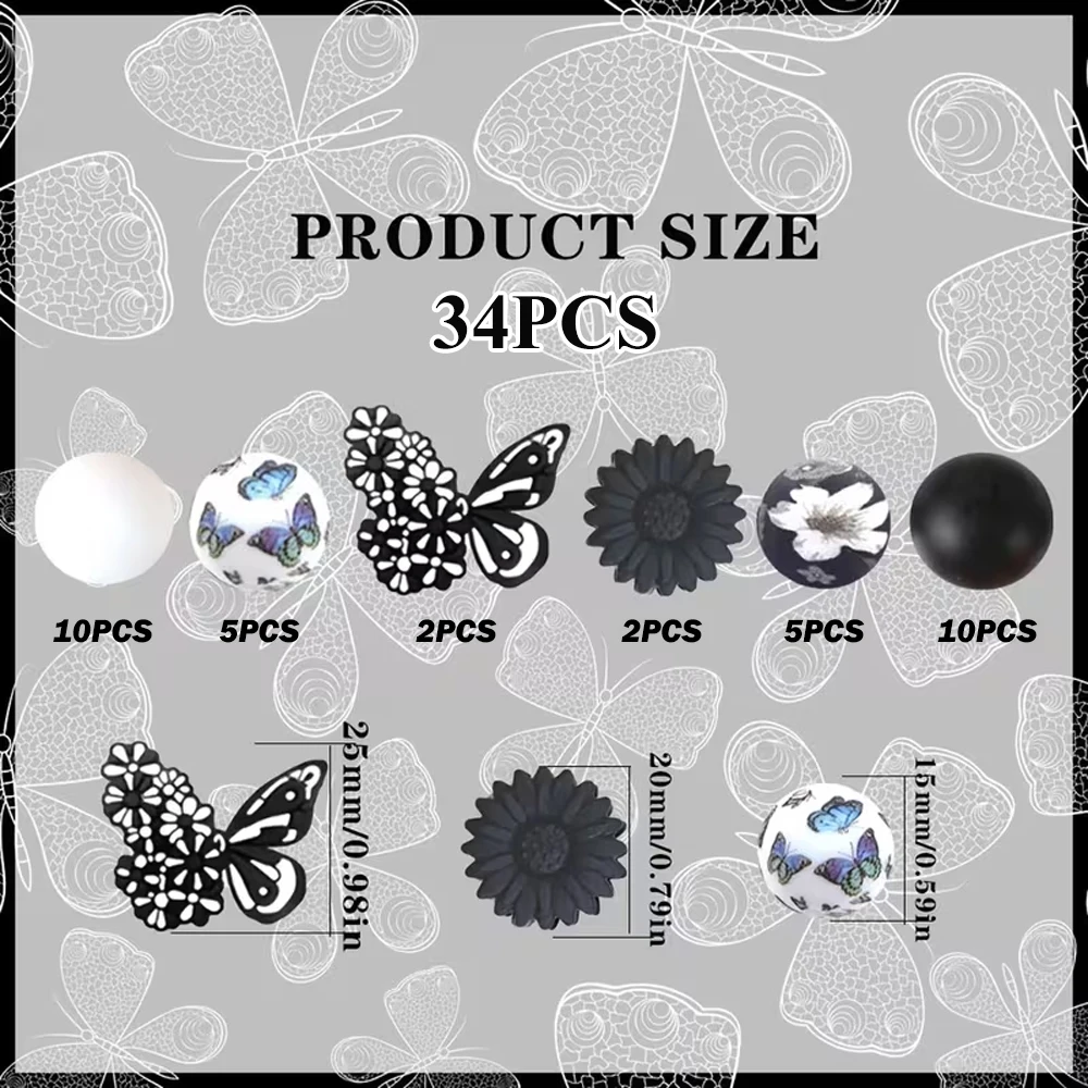 33/34/58-teiliges Set mit Silikonperlen in Form von Blumen und Schmetterlingen, zum Basteln von Halsketten, Armbändern, zur Dekoration von Stiften, Schmuckanhängern usw. Geburtstagsgeschenk für die Feiertage – Detail 10