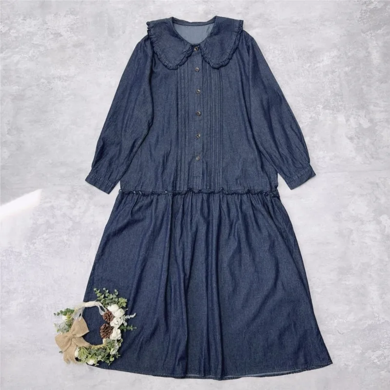 Johnature novo vestido jeans casual com babados outono novo estilo francês manga longa camada base coreano mori vestidos de menina