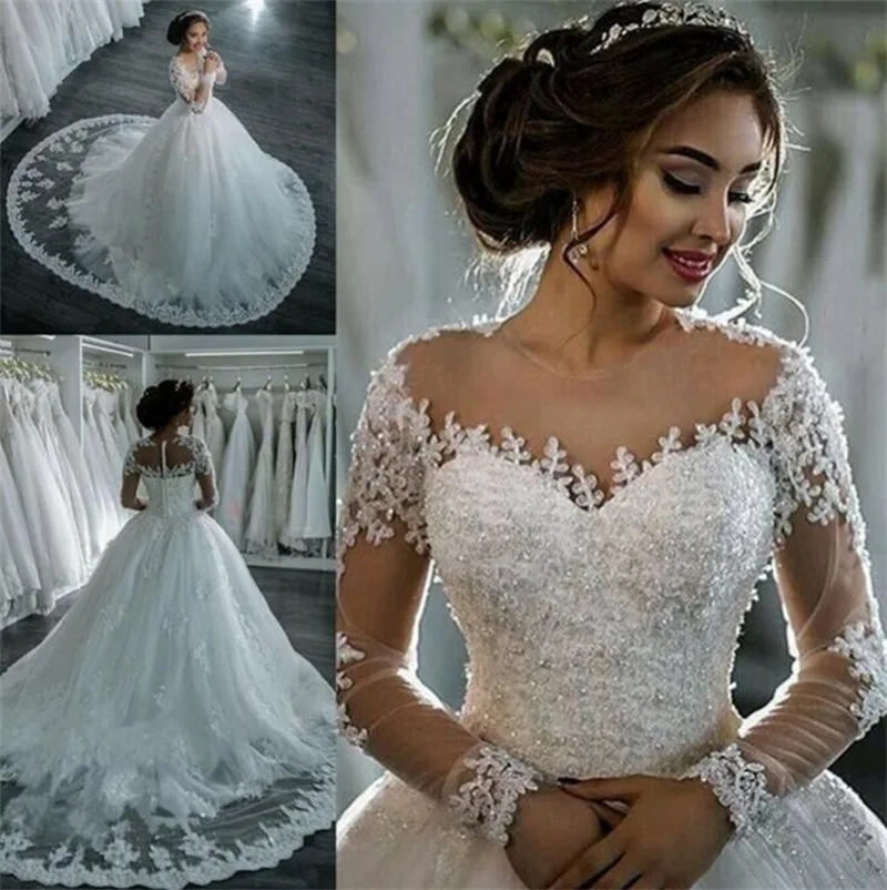 Customized Ball Gown Women Wedding Dresses Appliques Tulle Long Sleeves Bridal Gowns Formal Vestido De robe de mariéeNoiva