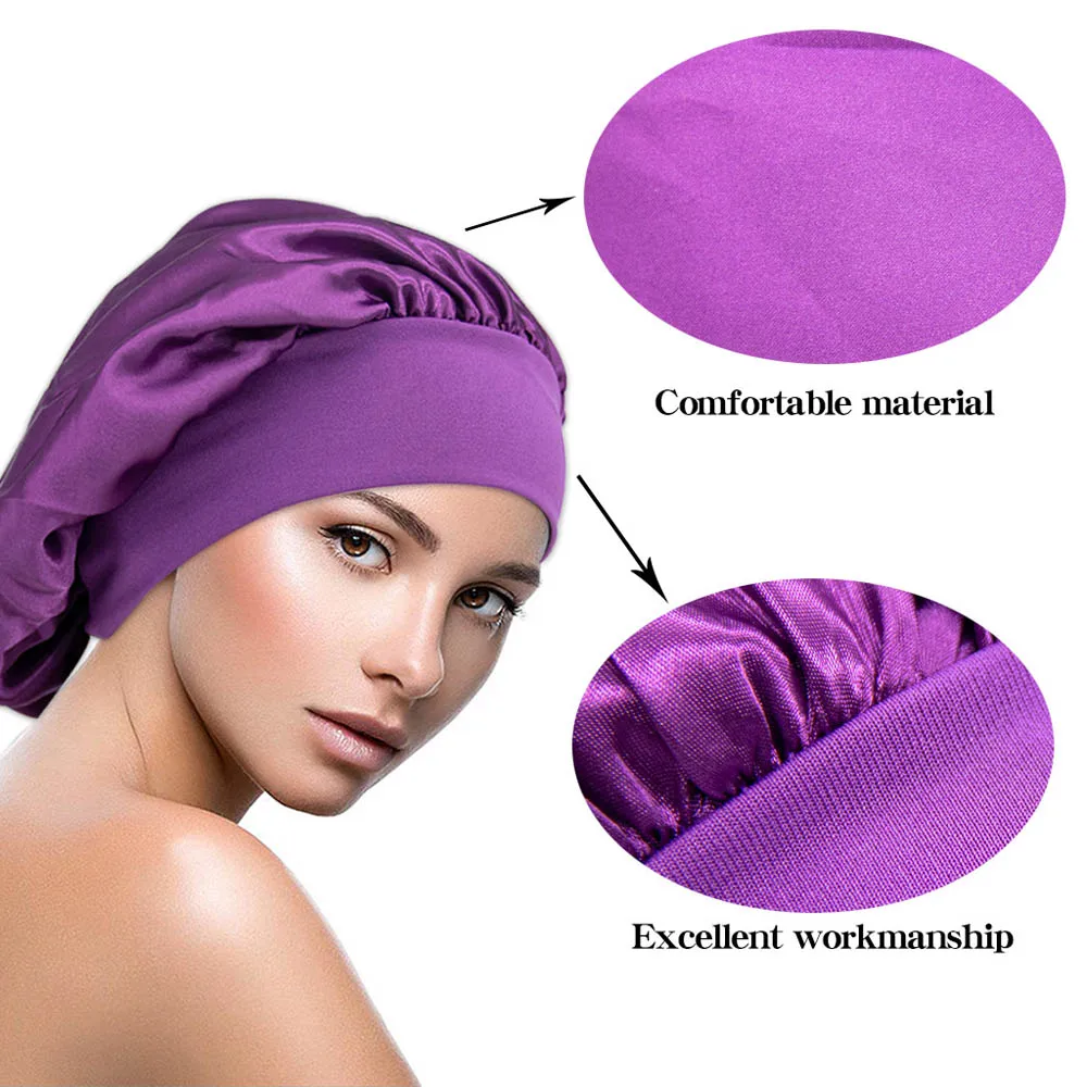 Wide Comfortable Night Sleep Lady Silk Nightcap Hair Care Hair Cap Sleeping Hat Shower Caps Satin Bonnet