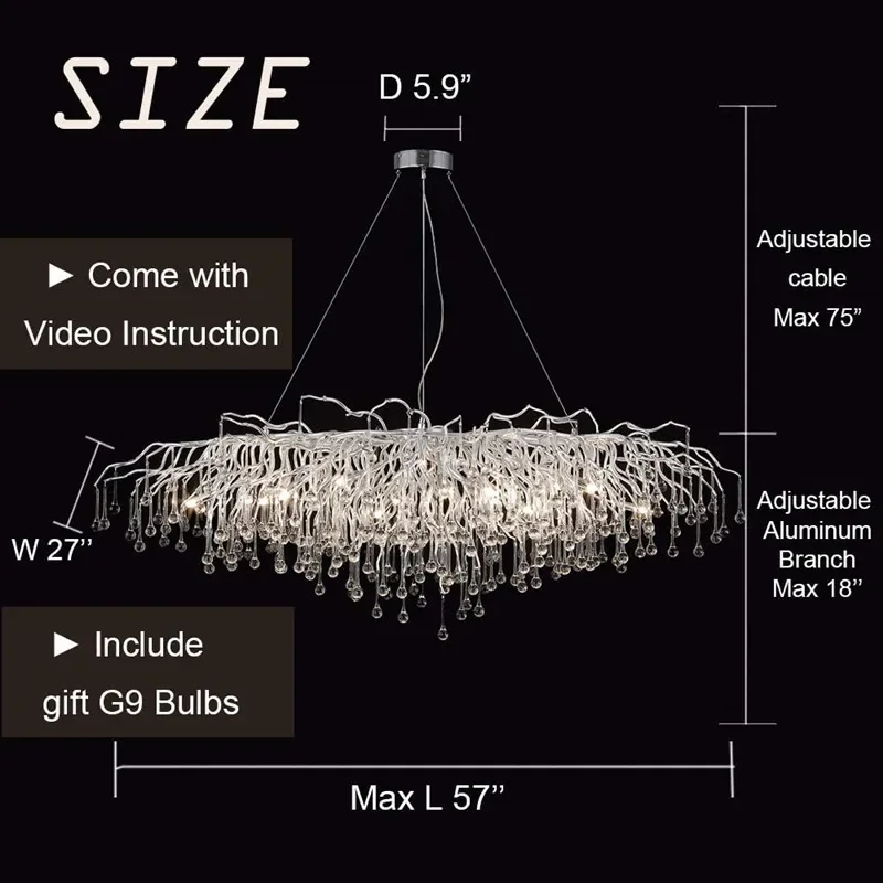 American Silver Rectangular Chandelier for Living Room Restaurant Hanging Crystal Ceiling Lamp Raindrop Pendant Lighting Fixture