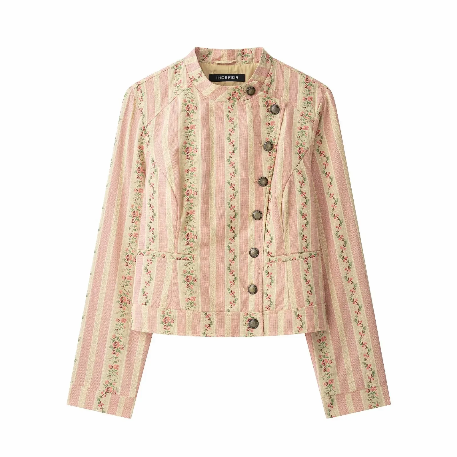 Elegante Damenjacke mit Blumenmuster und Streifen, Jacquard, Herbstmode 2026, Diagonalknöpfe, Stehkragen, lange Ärmel, kurzer Damenmantel – Detail 2