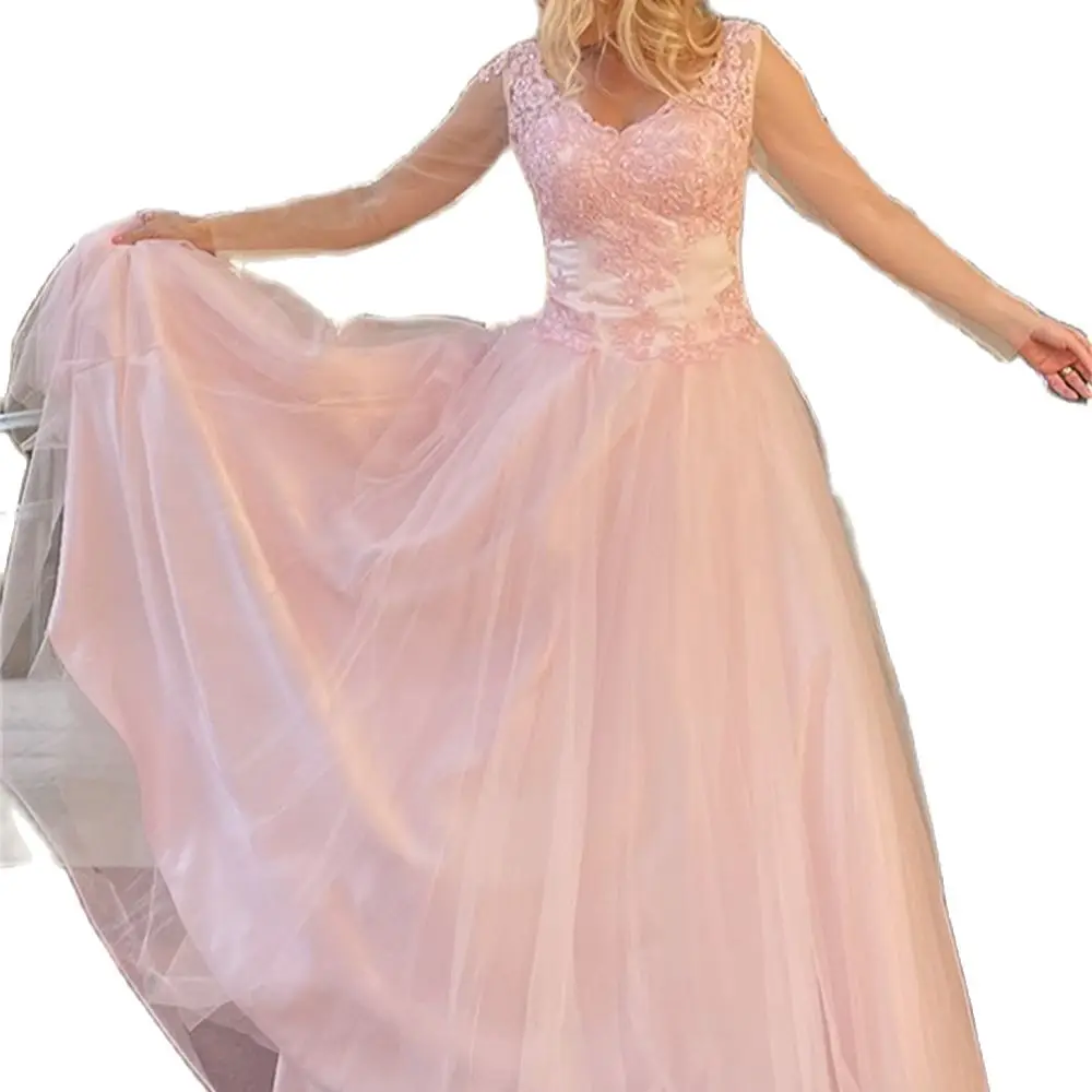 Uma linha/princesa tule apliques v pescoço mangas compridas temperamento bonito elegante baile formal vestidos de noite senhoras cor sólida