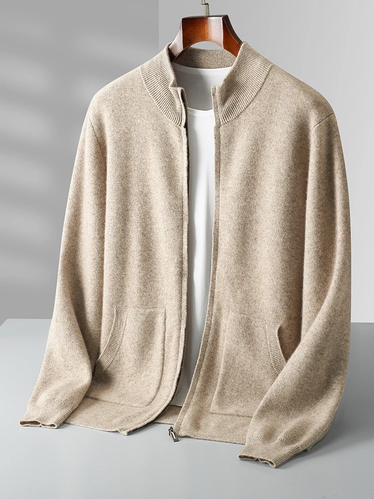 Alta qualidade dos homens inverno grosso cashmere cardigan mock neck zíper camisola 100% lã merino malhas casual macio roupas quentes topo
