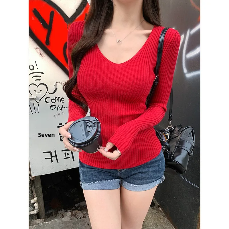 الأحمر V-Ne محبوك أعلى المرأة العادية صالح قاعدة طبقة irt الخريف الشتاء التخسيس ملابس داخلية عادية Sle طويلة Sve